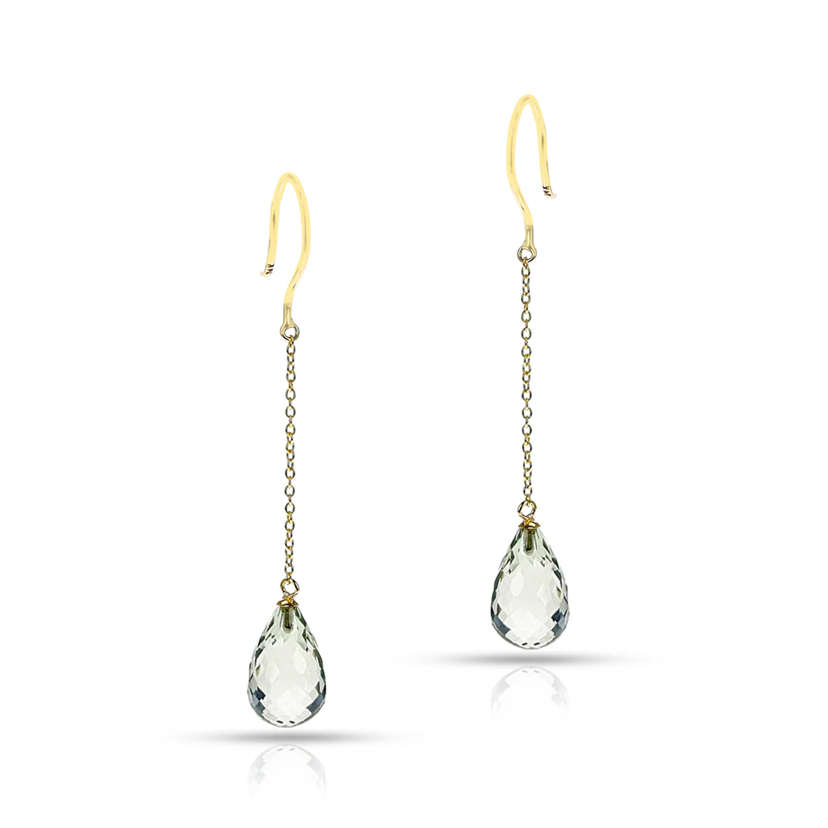 Green Amethyst Briolette Drop Dangling Earrings, 18 Karat Yellow Gold