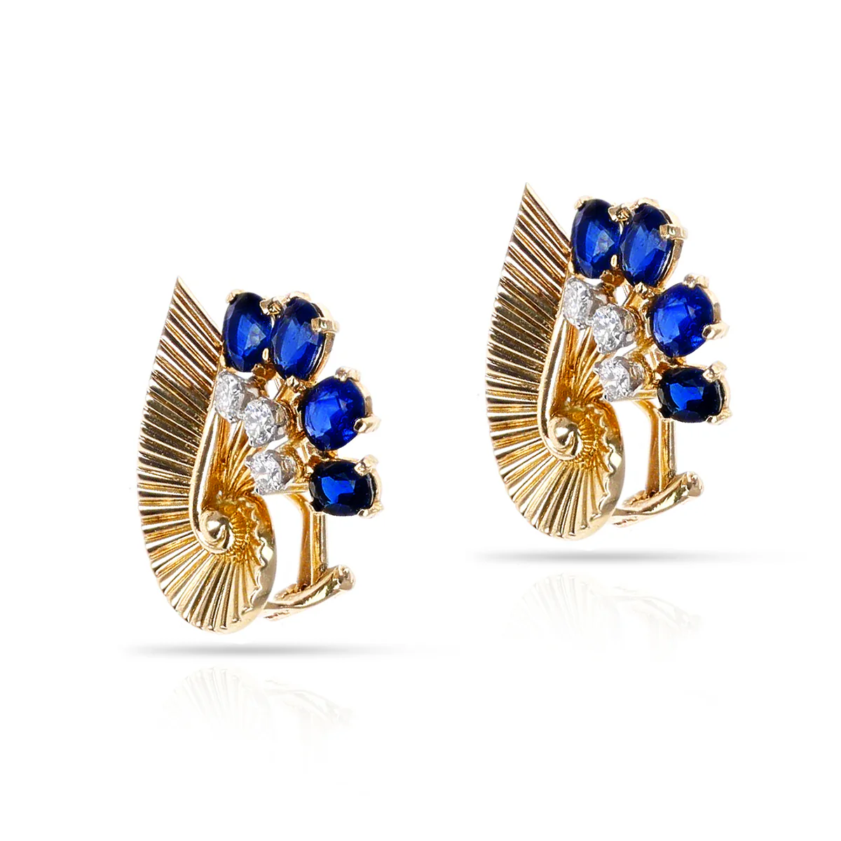 1965 Cartier Paris Natural Sapphire and Diamond 18K Yellow Gold Earrings