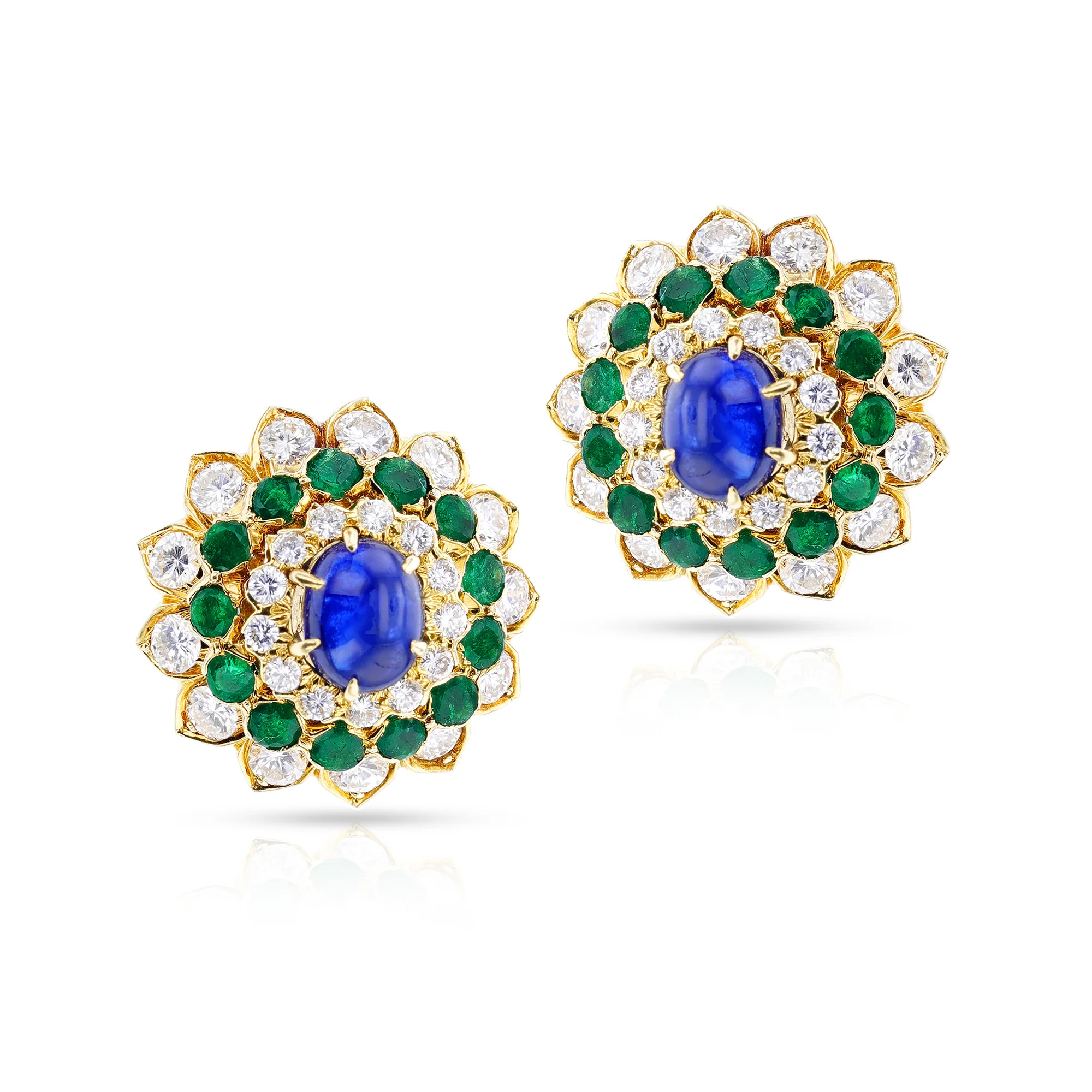 David Webb Sapphire Cabochon, Emerald and Diamond Earrings
