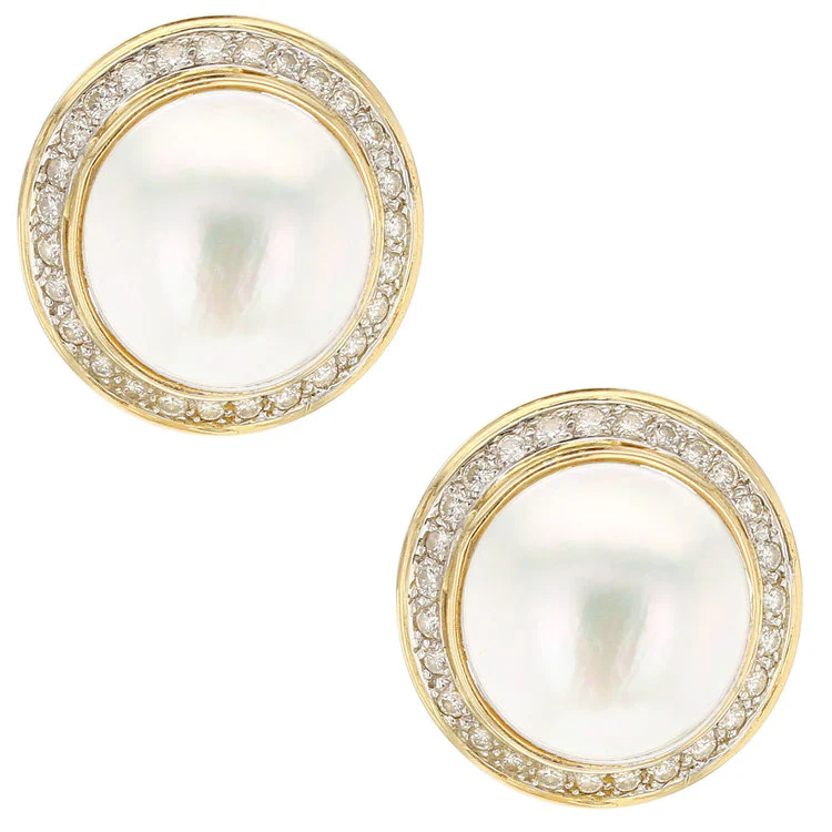 White Mabe Pearl and Round Diamond Earrings, Yellow Gold