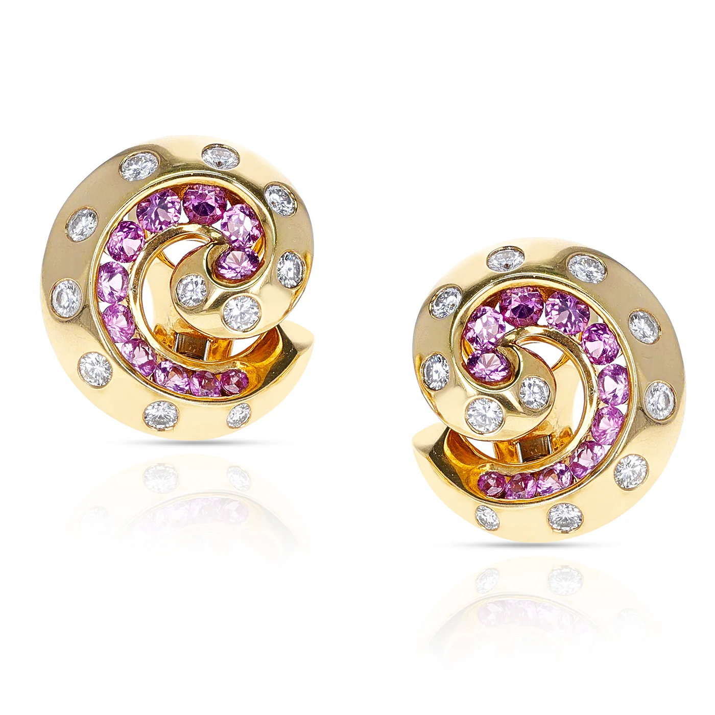French Van Cleef & Arpels Retro Pink Sapphire and Diamond Swirl Earrings, 18K