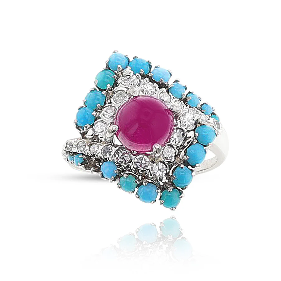 Ruby and Turquoise Cabochon Ring with Diamonds, 18k