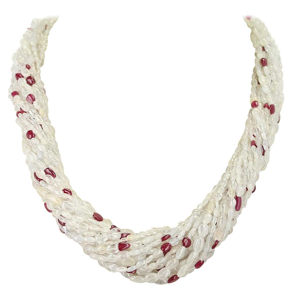 Genuine & Natural Yellowish White Sapphire Plain Tumbled Beads with Ruby Choker Necklace