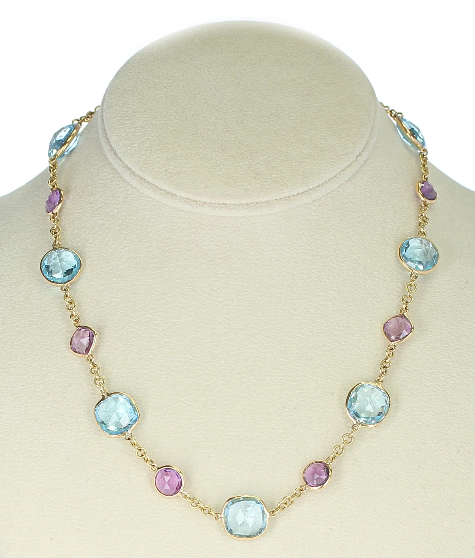 Amethyst and Blue Topaz Faceted Double Cabochon Rose Cut 18K Fine Necklace