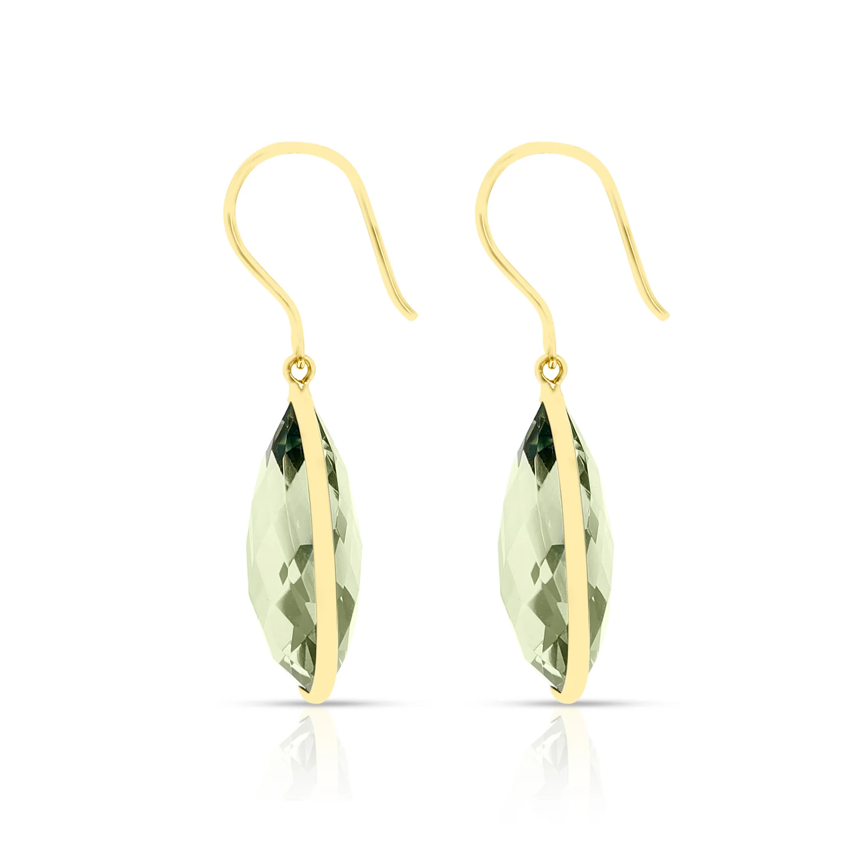 Green Amethyst Pear  Shape Dangling Earrings made in 18 Karat Yellow Gold.
