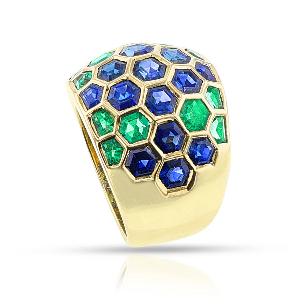 Sabbadini Milano Hexagonal Emerald and Sapphire Bombe Ring, 18k