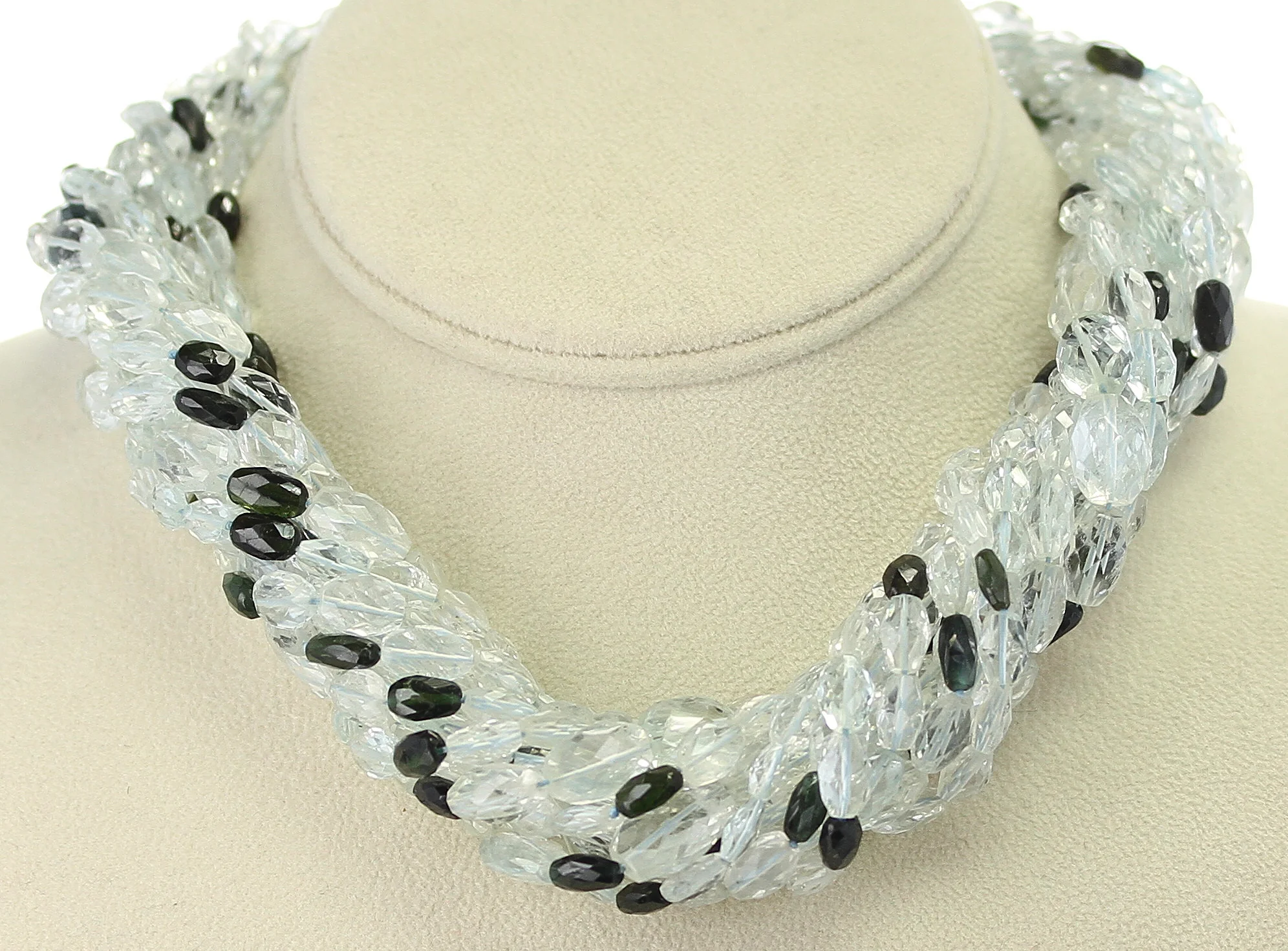 Genuine & Natural Aquamarine Faceted Tumbled Beads with Tourmaline Choker Necklace