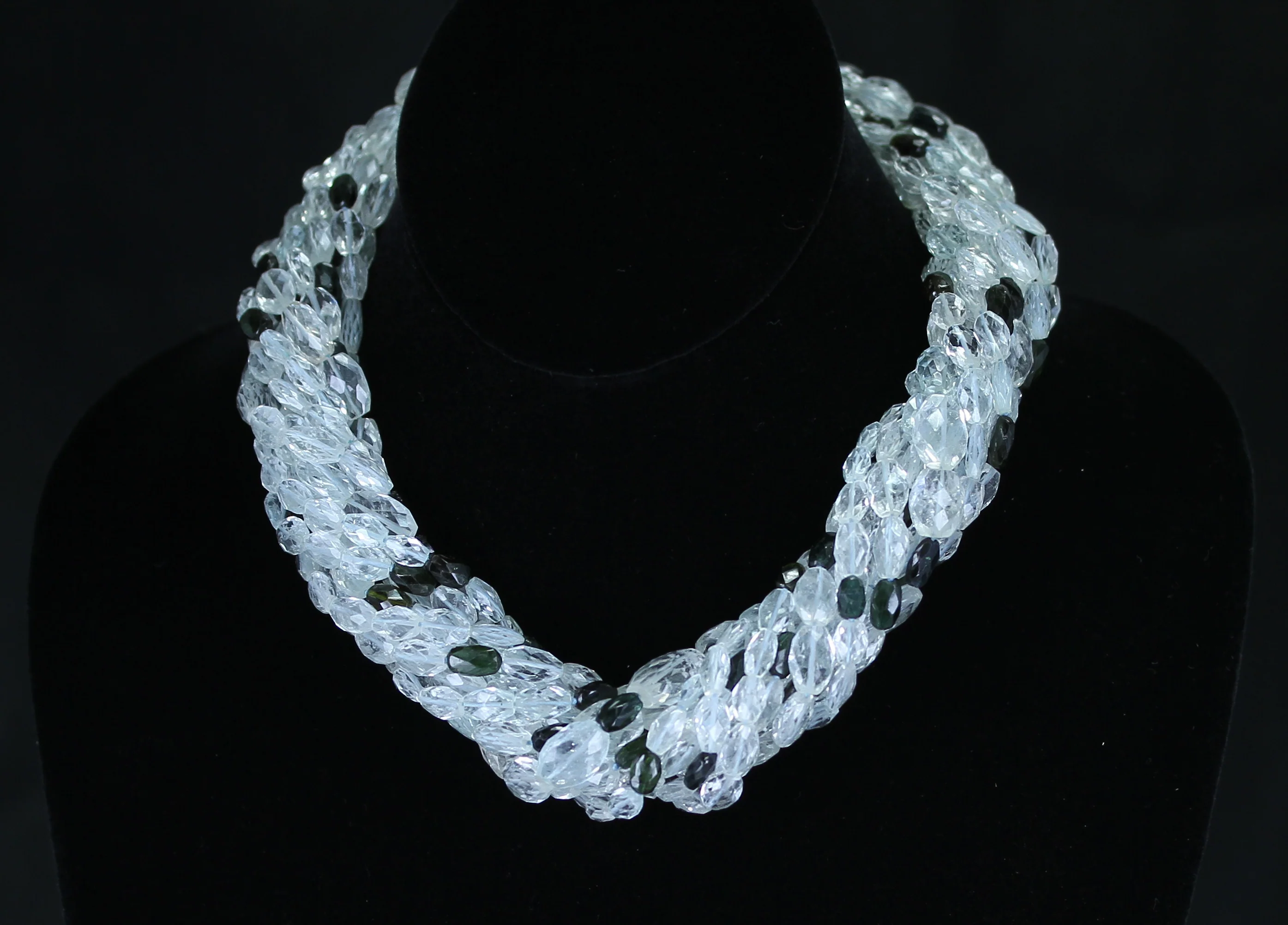 Genuine & Natural Aquamarine Faceted Tumbled Beads with Tourmaline Choker Necklace