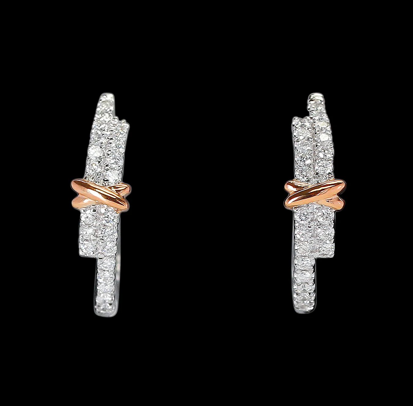 Large White Diamond Hoop Earrings with a Rose Gold Bow, 14K Gold