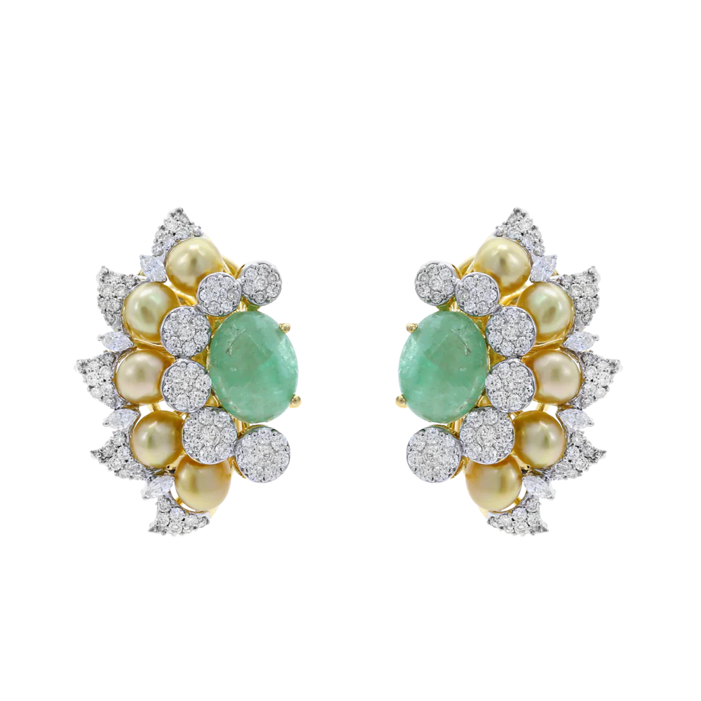 Curved Emerald, Diamond, and Pearl Earrings, 18K Gold