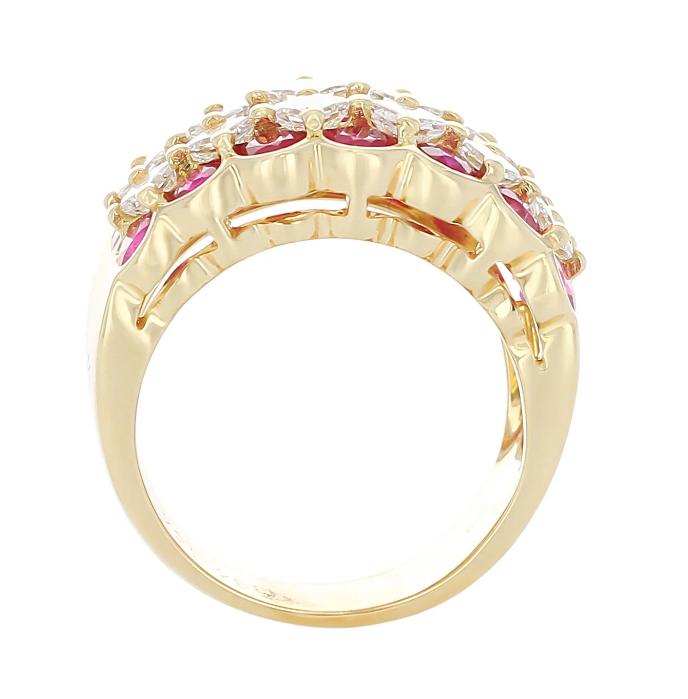 Ruby and Diamond Five Row Ring, 18K Yellow Gold