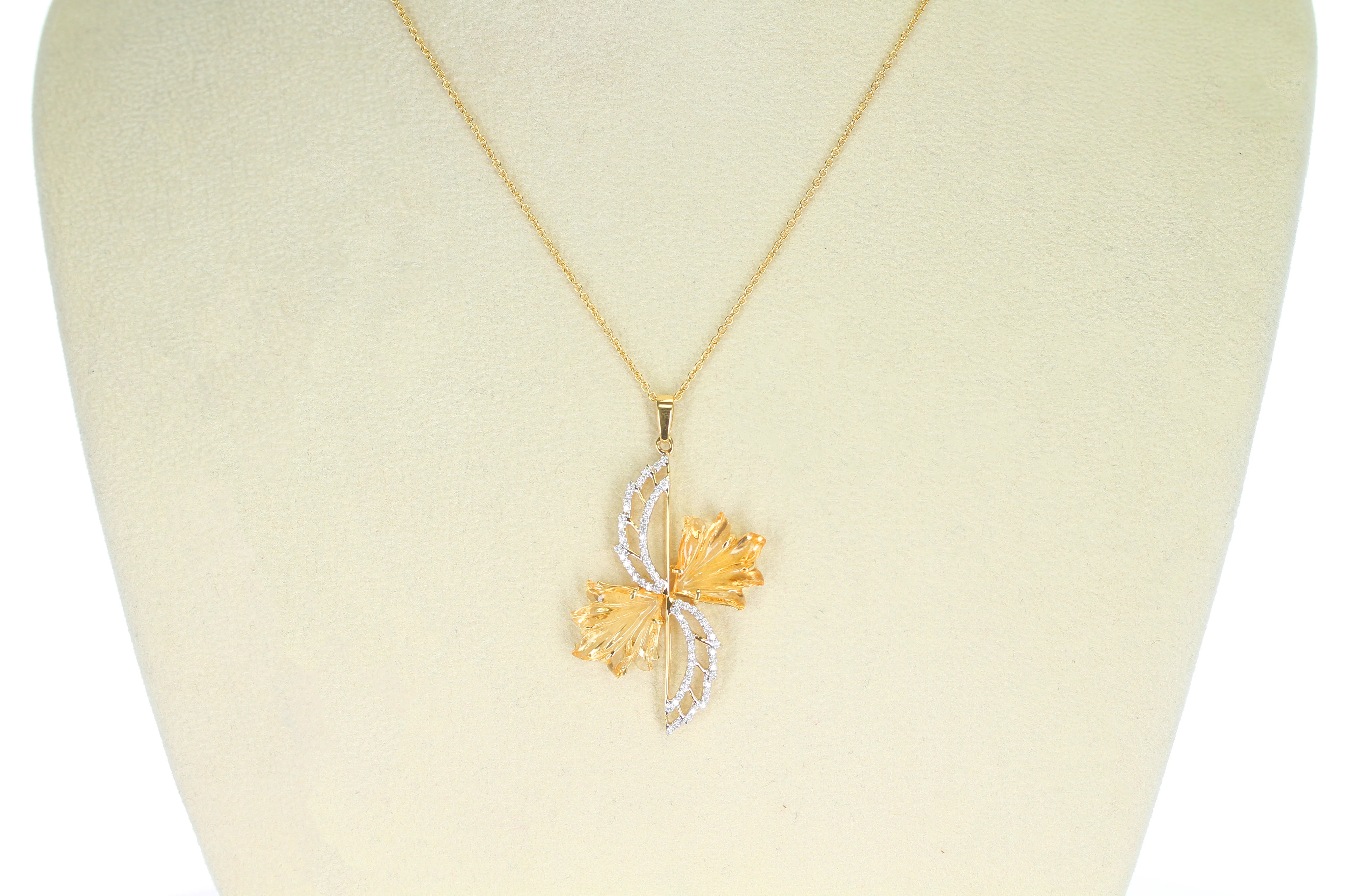 Carved Citrine and Diamond Pendant with Chain, 14K Gold