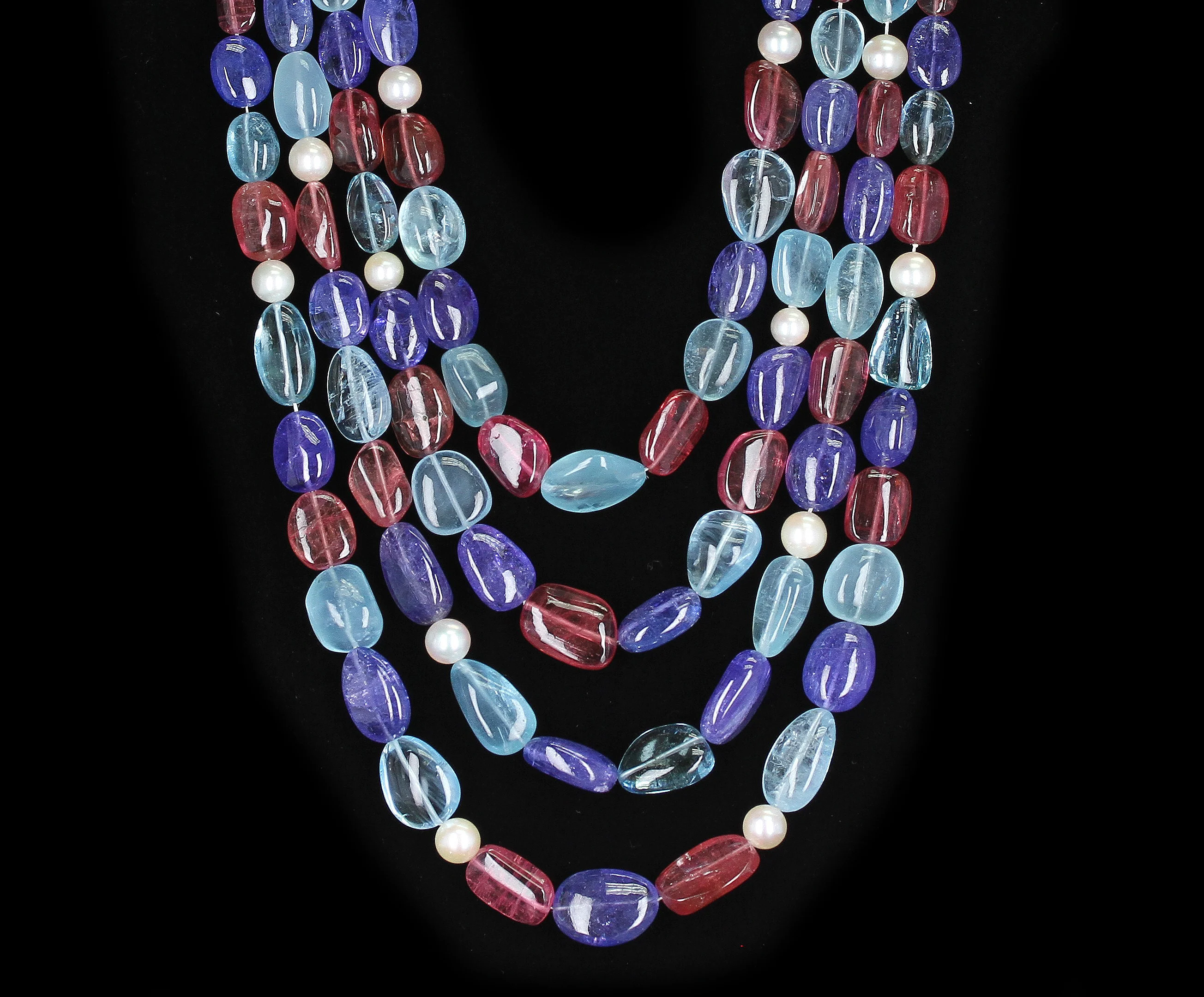 Tumbled Aquamarine, Tourmaline, Tanzanite and Pearl Beads Necklace