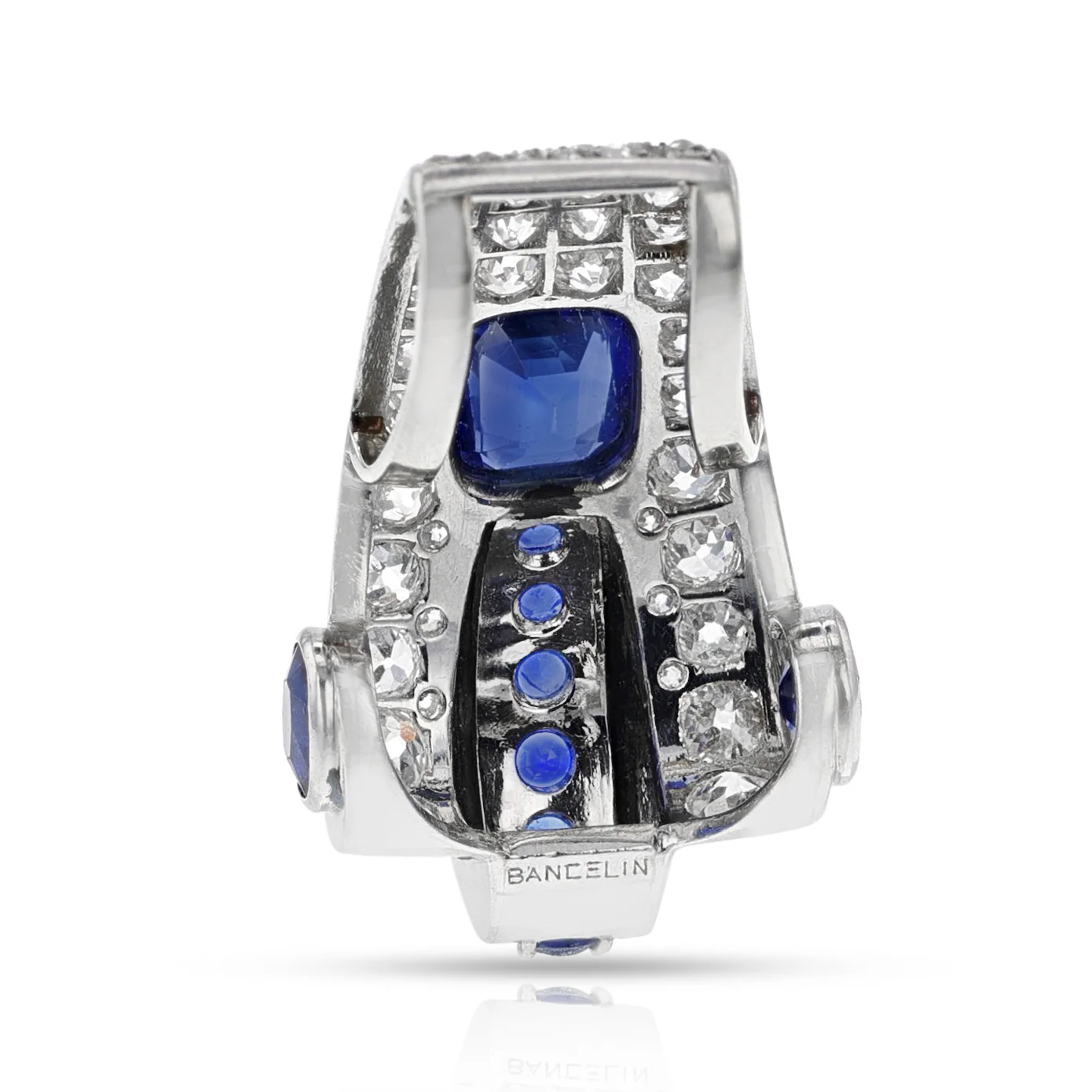 GIA Certified Bancelin Art Deco Natural Sapphire and Diamond Pendant, Platinum