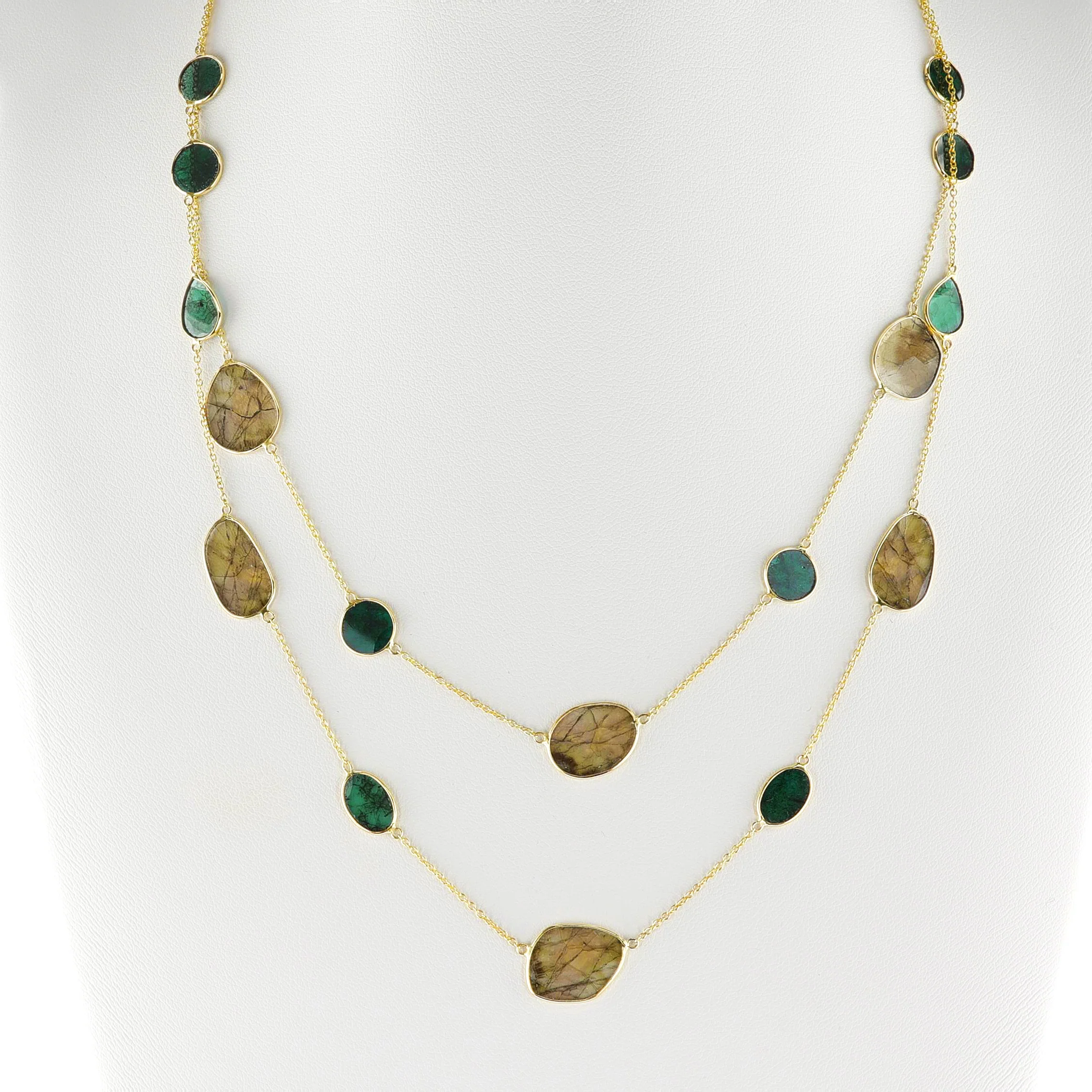 Blue and Brown Diamond Slices Double Line Necklace, 14k