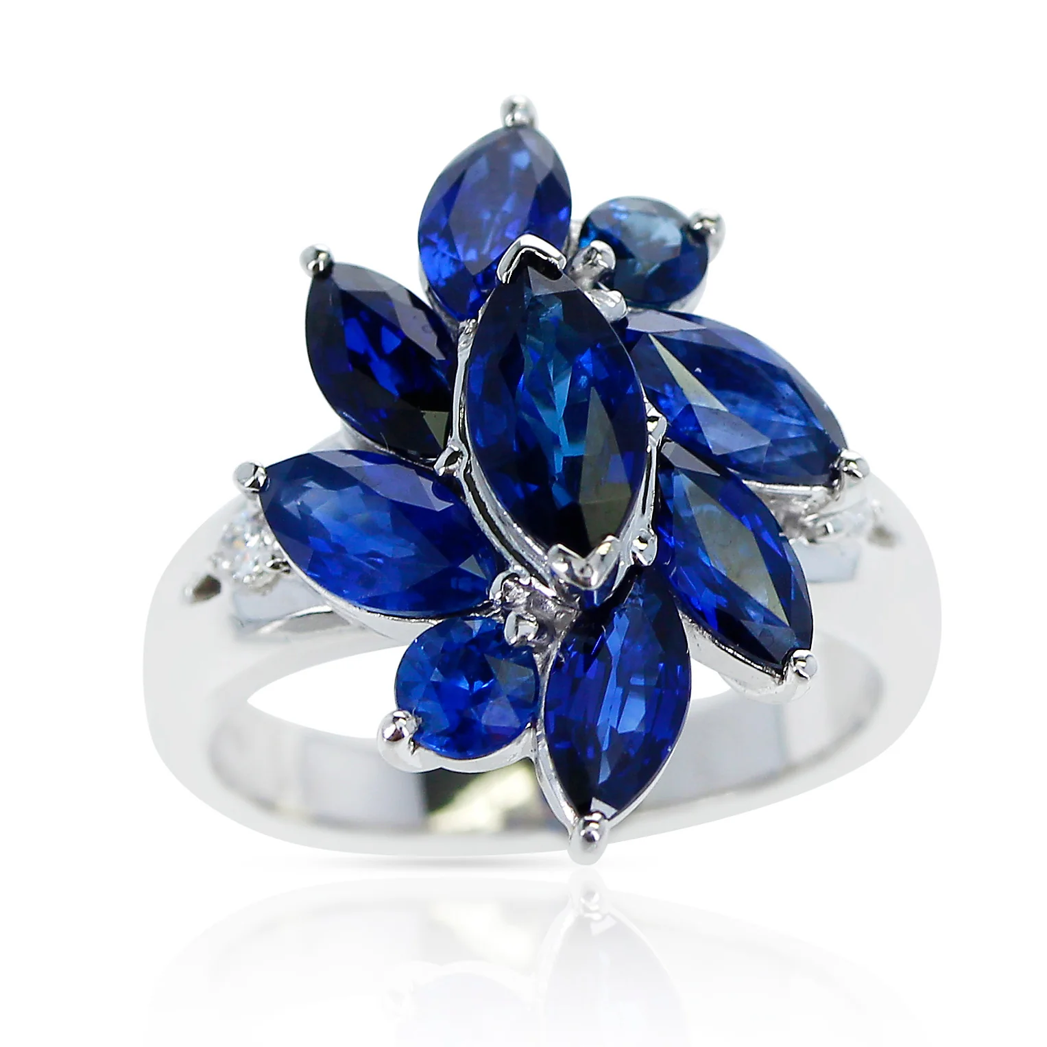 Marquise Flower Shape 3.88 carat Blue Sapphire and 0.06 Diamond Ring, Platinum