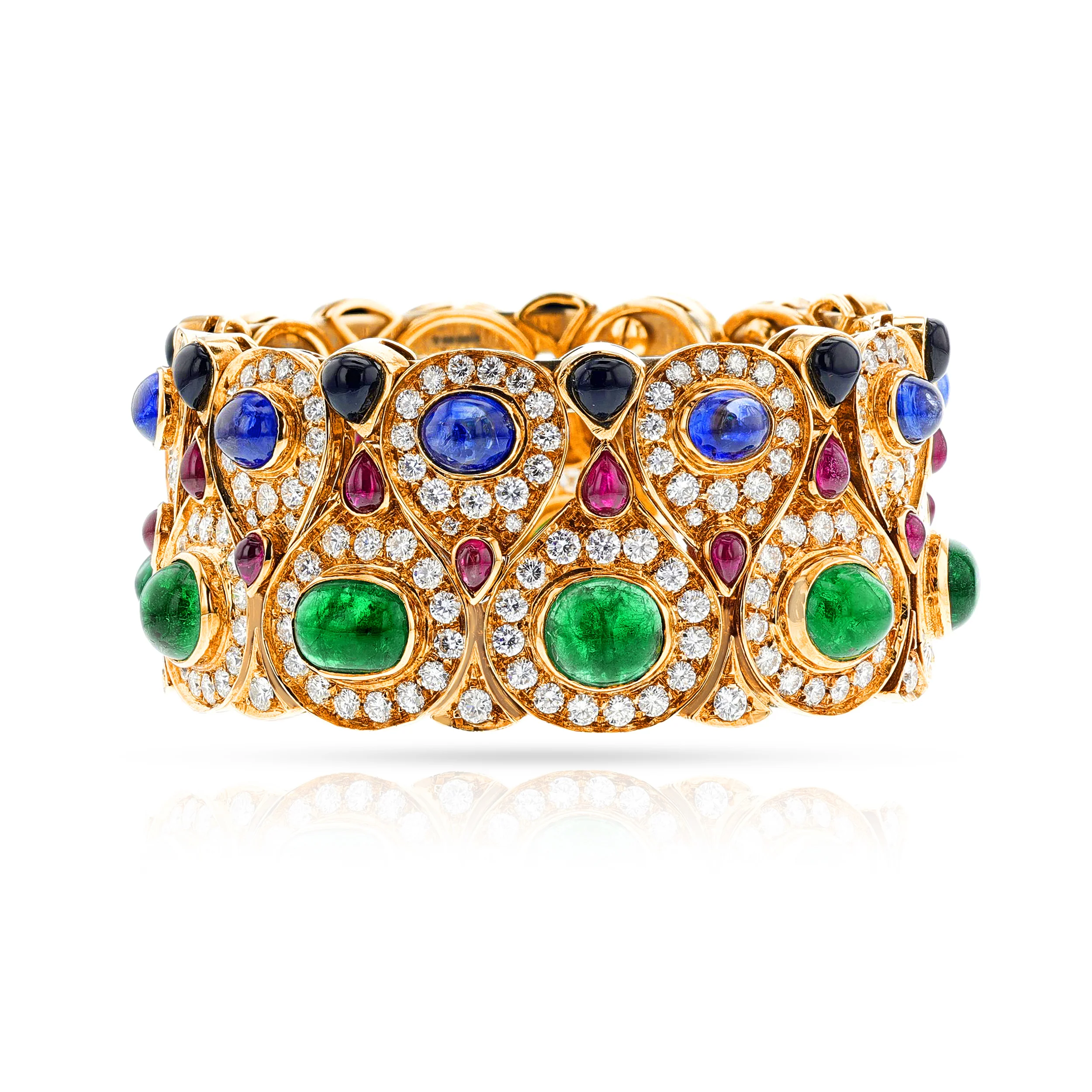 Multi-Gemstone Adjustable Bangle with Emeralds, Diamonds, Rubies, Sapphires and Onyx, 18k