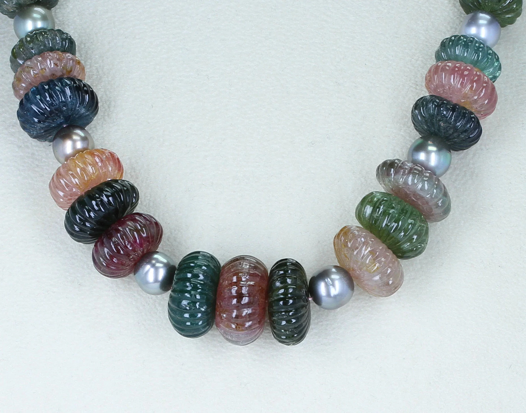 Tourmaline Carved Beads Necklace with Tahitian Pearls and Emerald Clasp