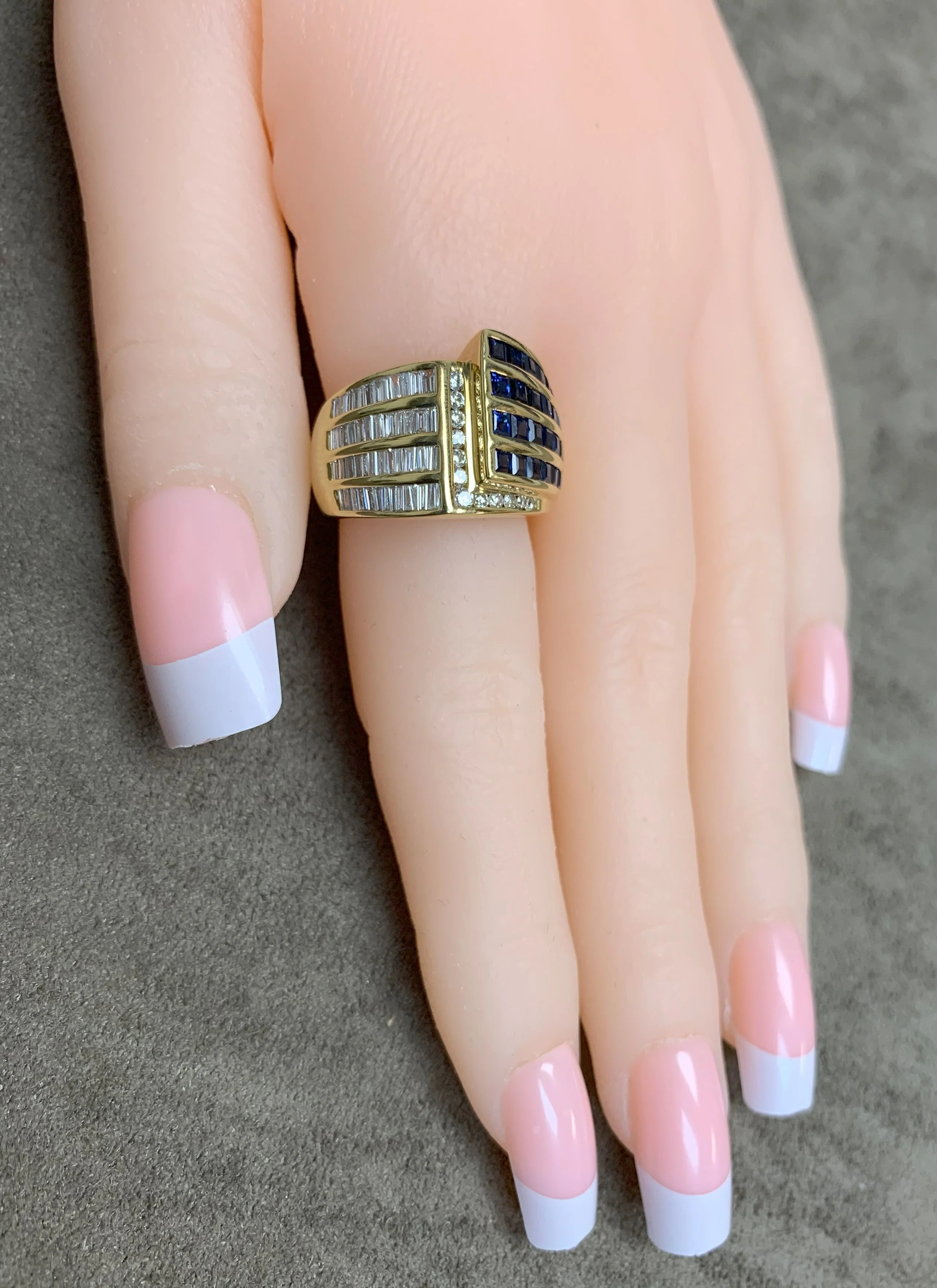 Baguette and Round Diamonds with Square-Cut Sapphire Cocktail Ring, 18K