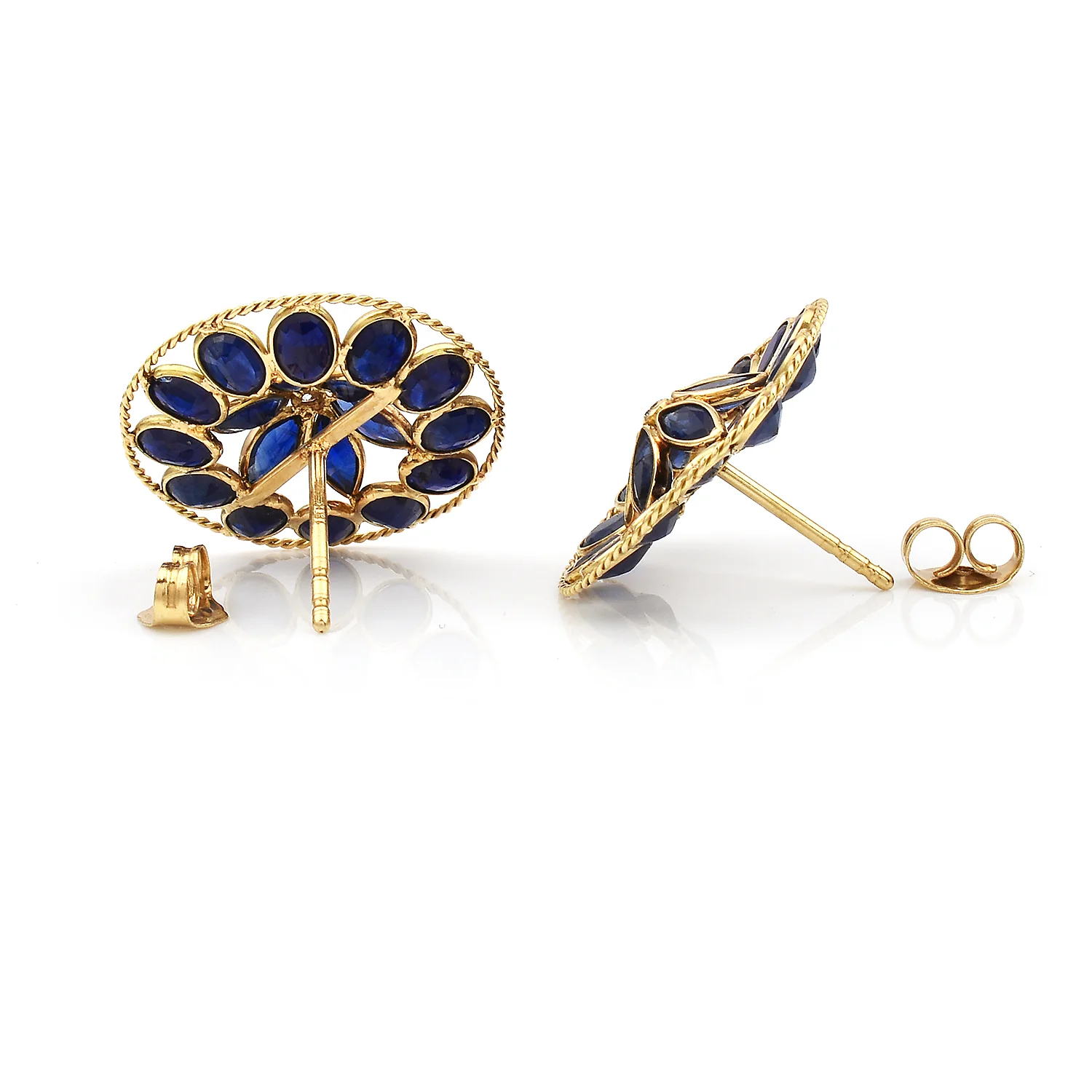 Blue Sapphire Oval and Pear Shape Bezel Set Earrings