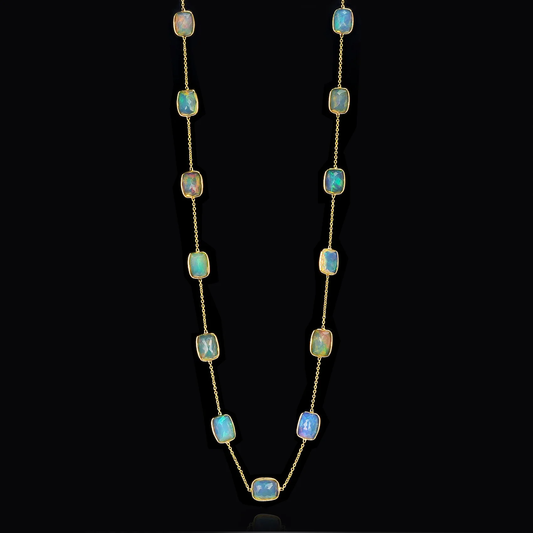 Rectangular Opal Rose-Cut Necklace, 18k Yellow Gold