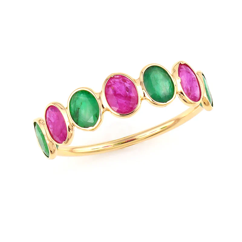 Seven Blue Sapphire Oval Shape Ring Band, 18k Yellow Gold