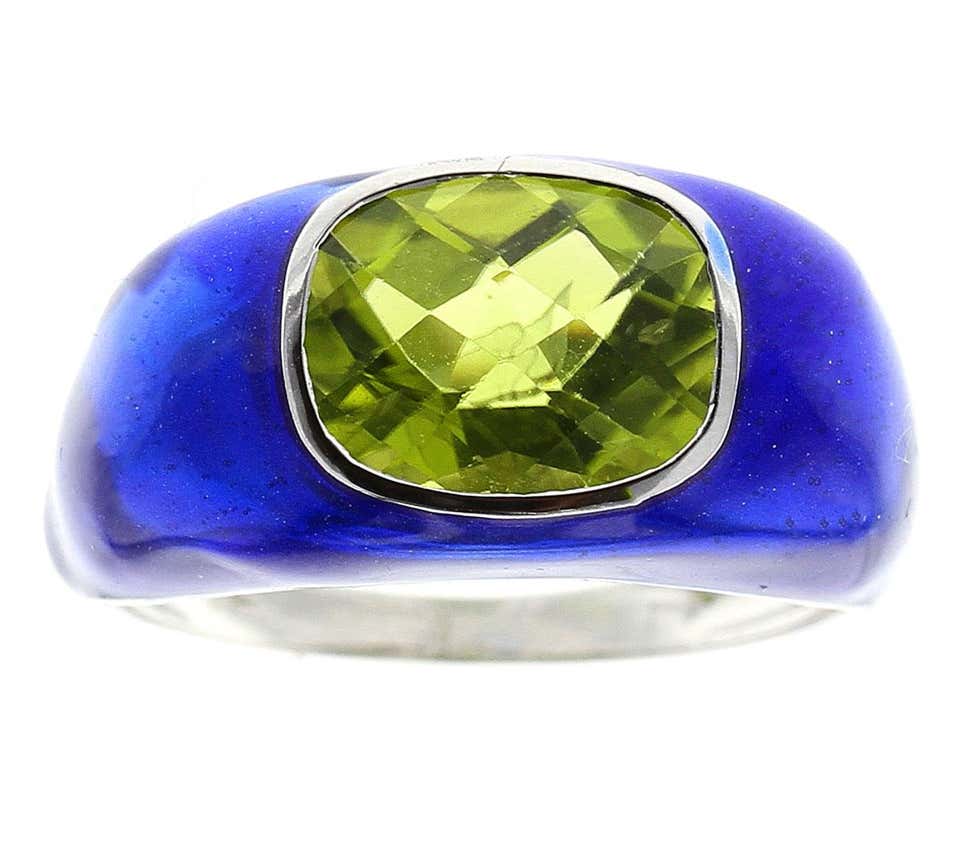 Blue Enamel and Peridot Ring, White Gold
