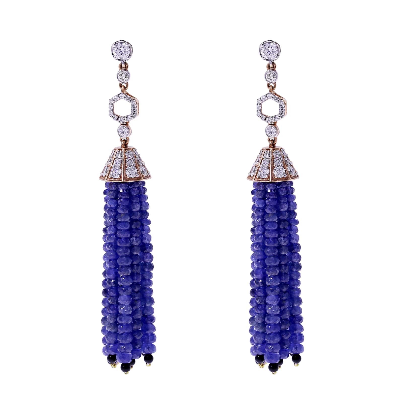 Sapphire Beads Tassel Earrings with Diamonds and Onyx, 18k