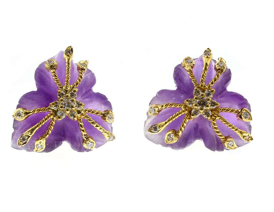 Carved Amethyst Earrings with Diamonds