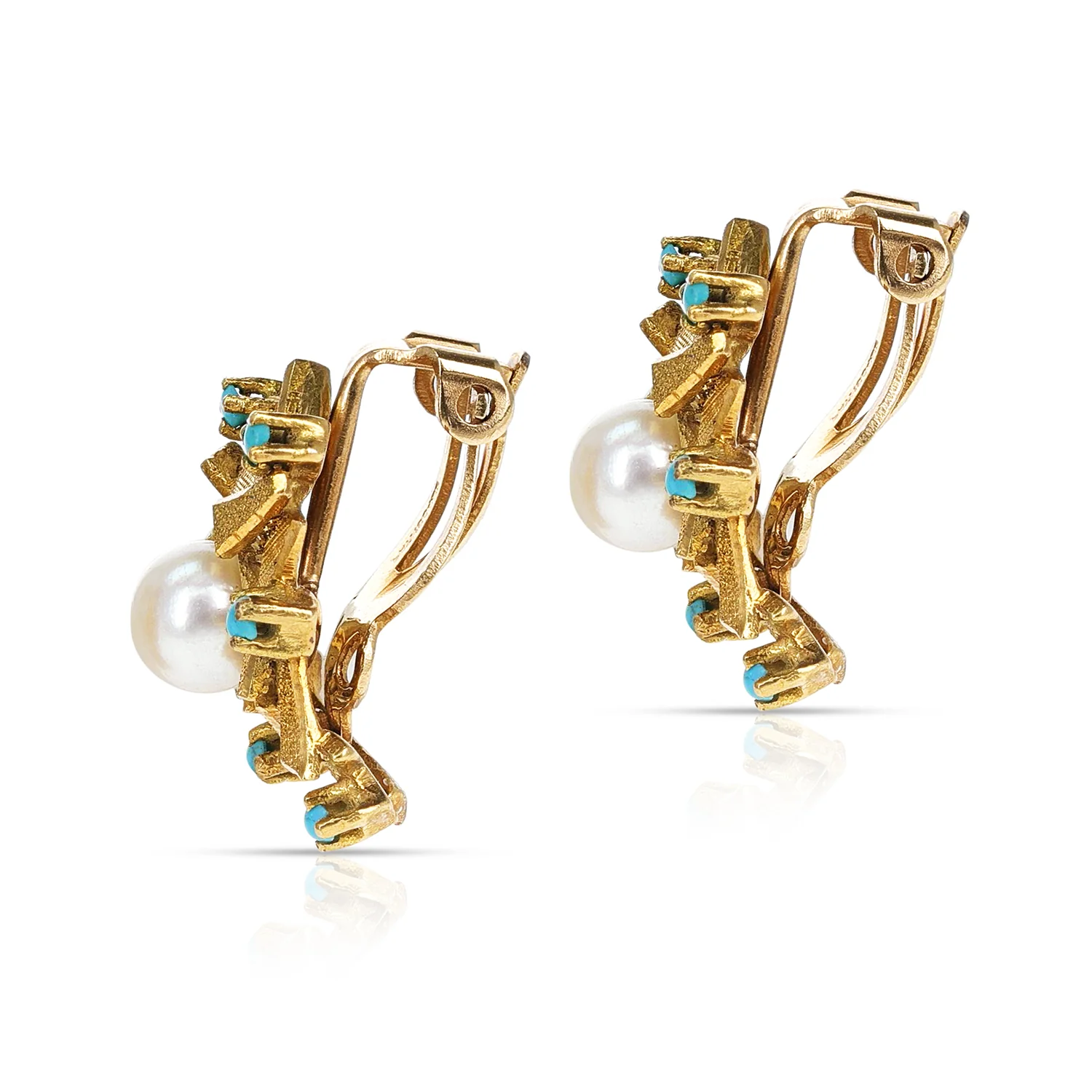 Turquoise Cabochon, Gold, and Pearl Earring, Part of Set