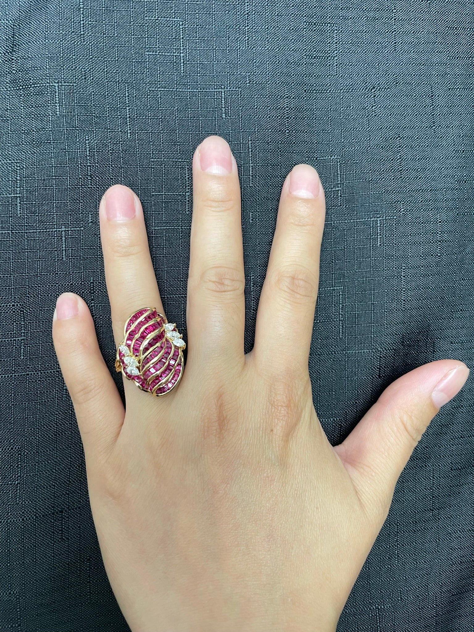 Invisibly Set 8 Row Ruby Flower-Cut Cocktail Ring with Marquise Diamonds, 18K