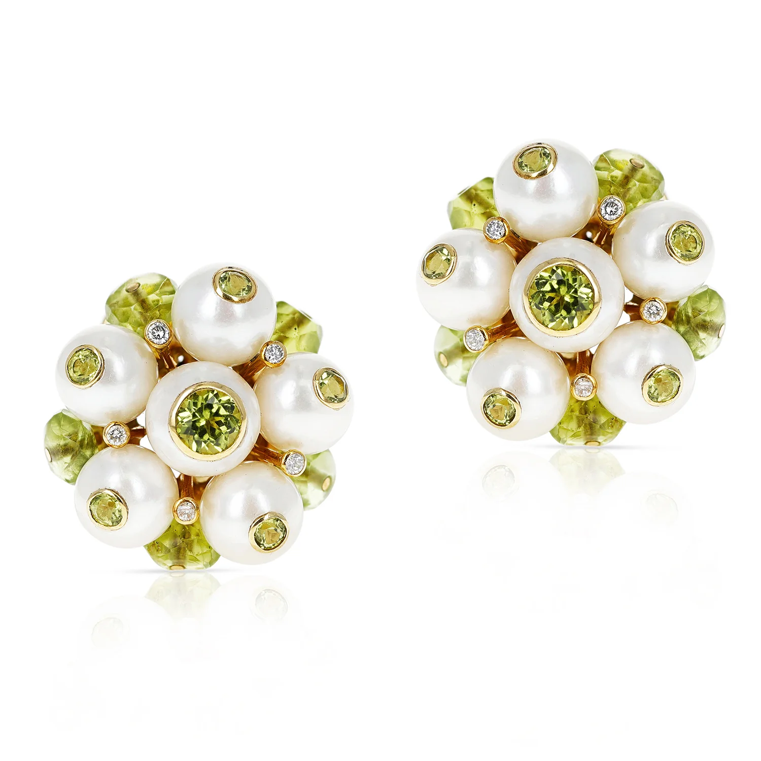 Cultured Pearl, Diamond, and Peridot Earrings, Made in 18k Gold by Trianon