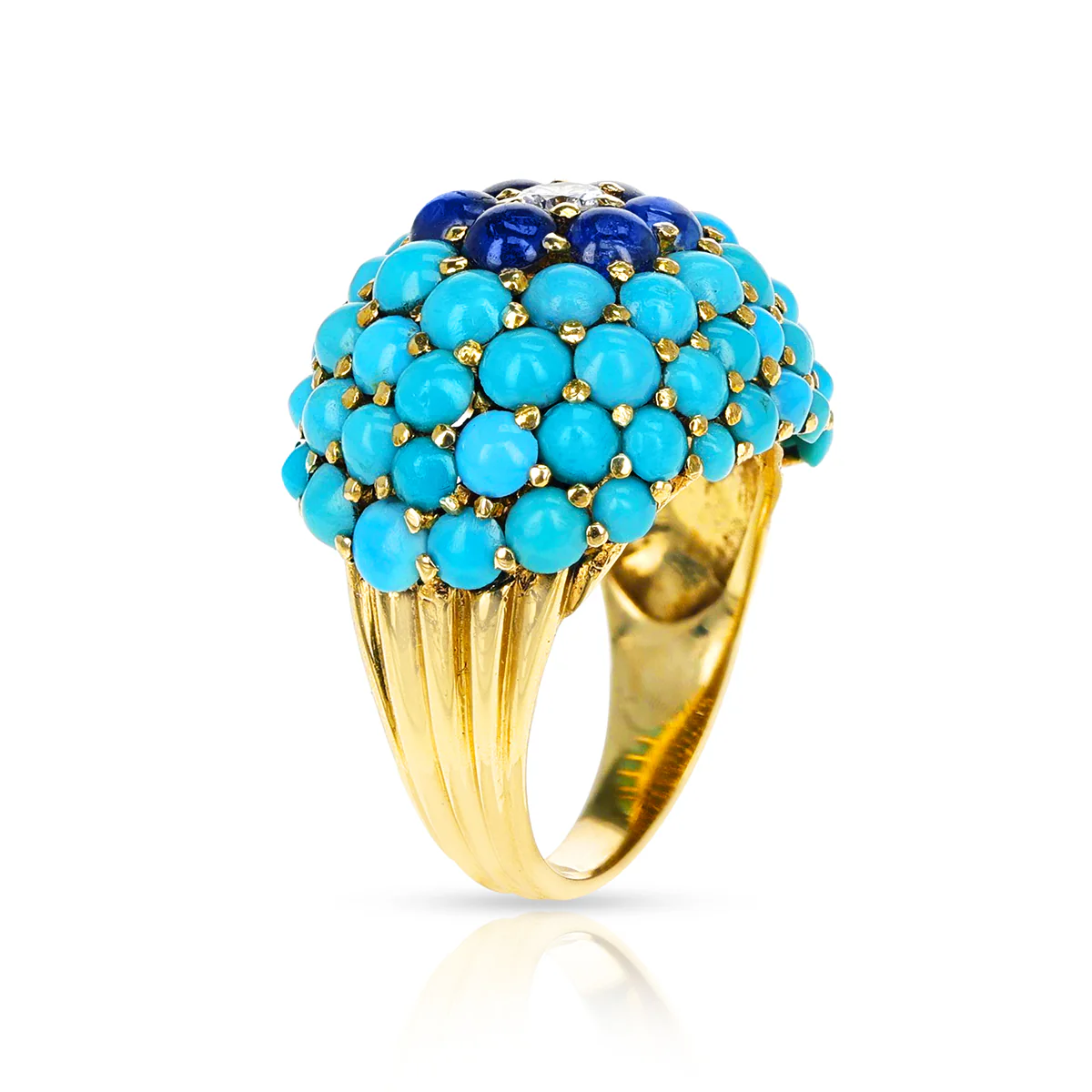 Retro Turquoise and Sapphire Cabochon Ring with Diamonds, 18k