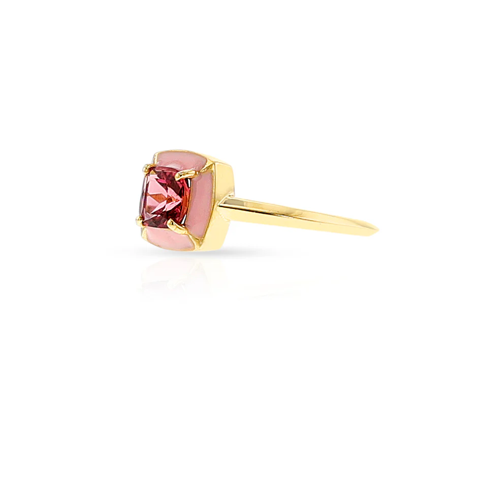 Square Pink Tourmaline and Pink Enamel Ring, 18k
