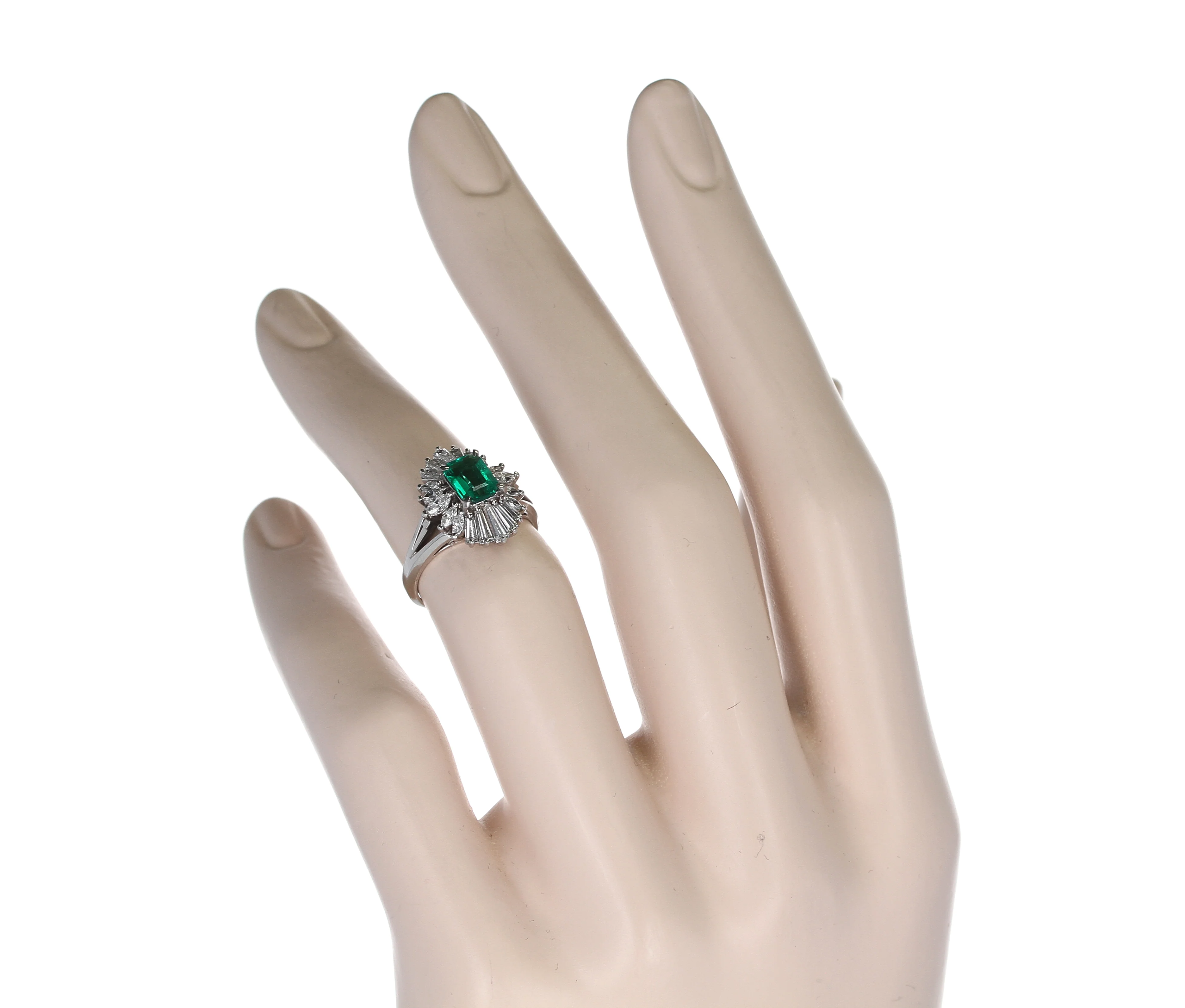 Rectangular Emerald-Cut Emerald and Diamond Cocktail Ring, Platinum