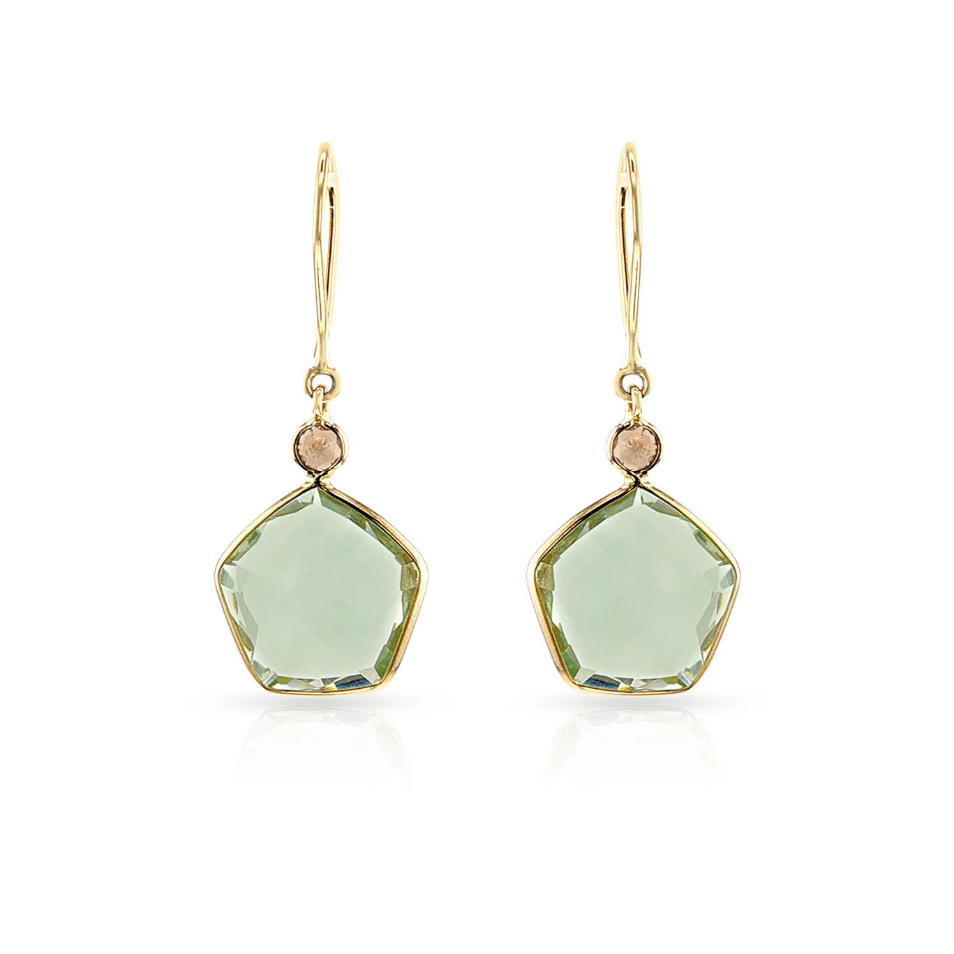 Pentagonal Green Amethyst and Diamond Rose Cut Dangling Earrings, 18k
