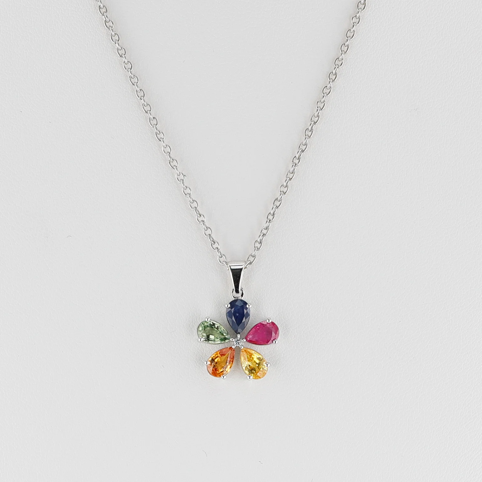 Multi-Sapphire and Diamond Flower Pendant, 14k White Gold