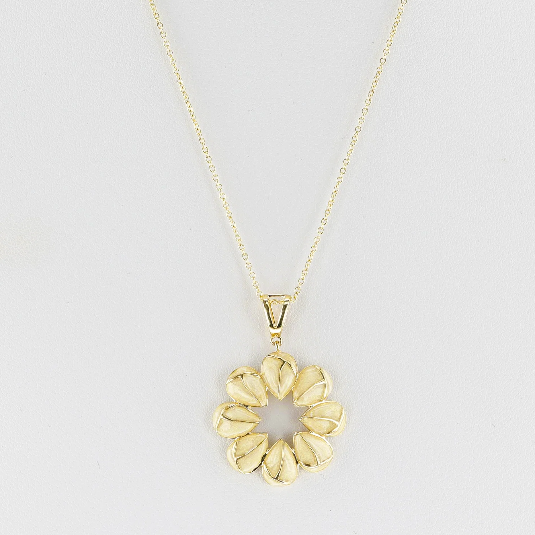 White Floral Enamel and Gold Lining Kintsugi Pendant Necklace, 14K