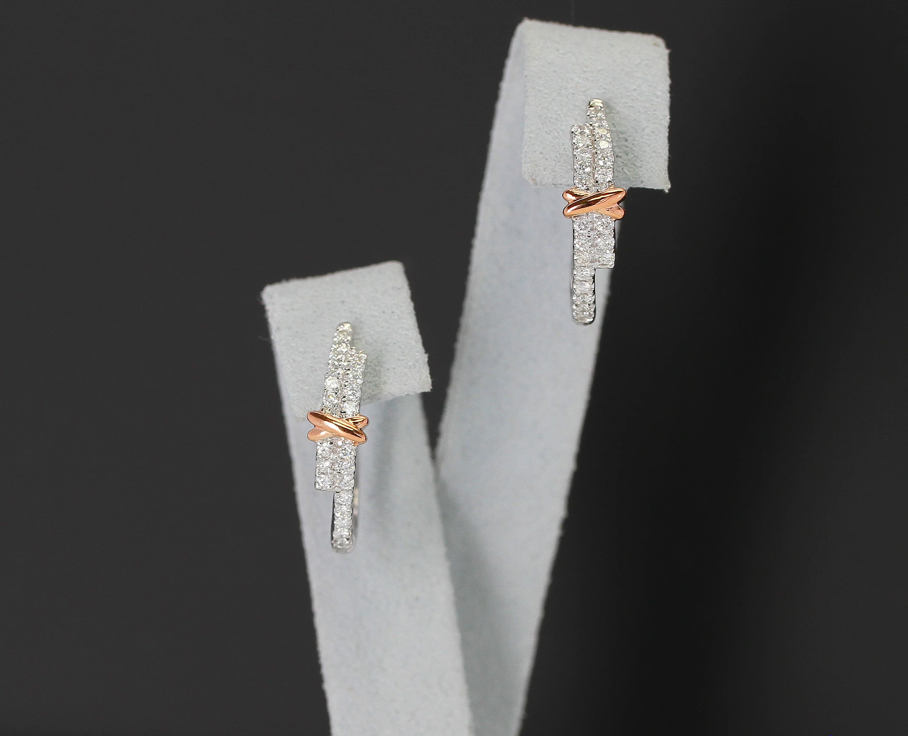Large White Diamond Hoop Earrings with a Rose Gold Bow, 14K Gold