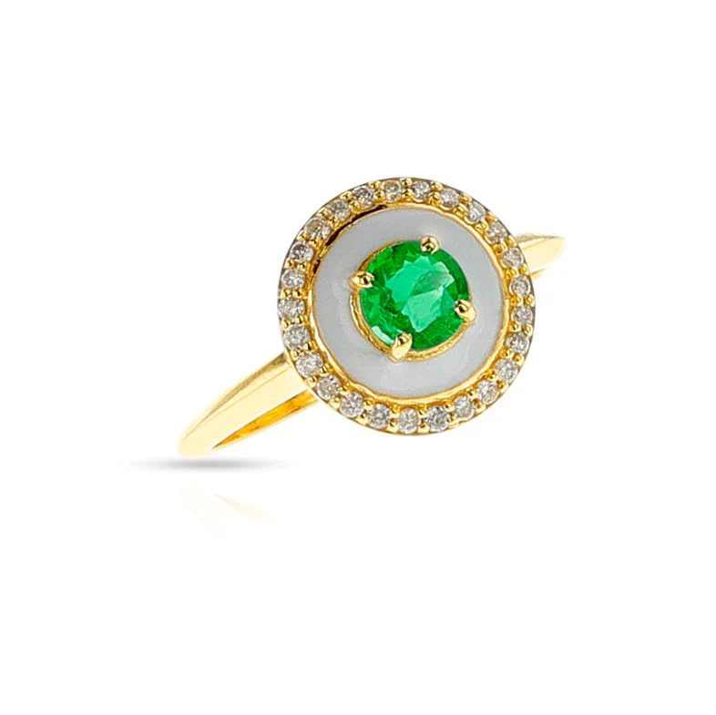 Emerald, White Enamel and Diamond Ring, 14k