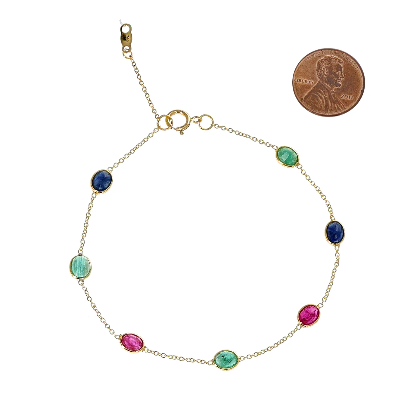 Oval Genuine Ruby, Blue Sapphire and Emerald 18k Yellow Gold