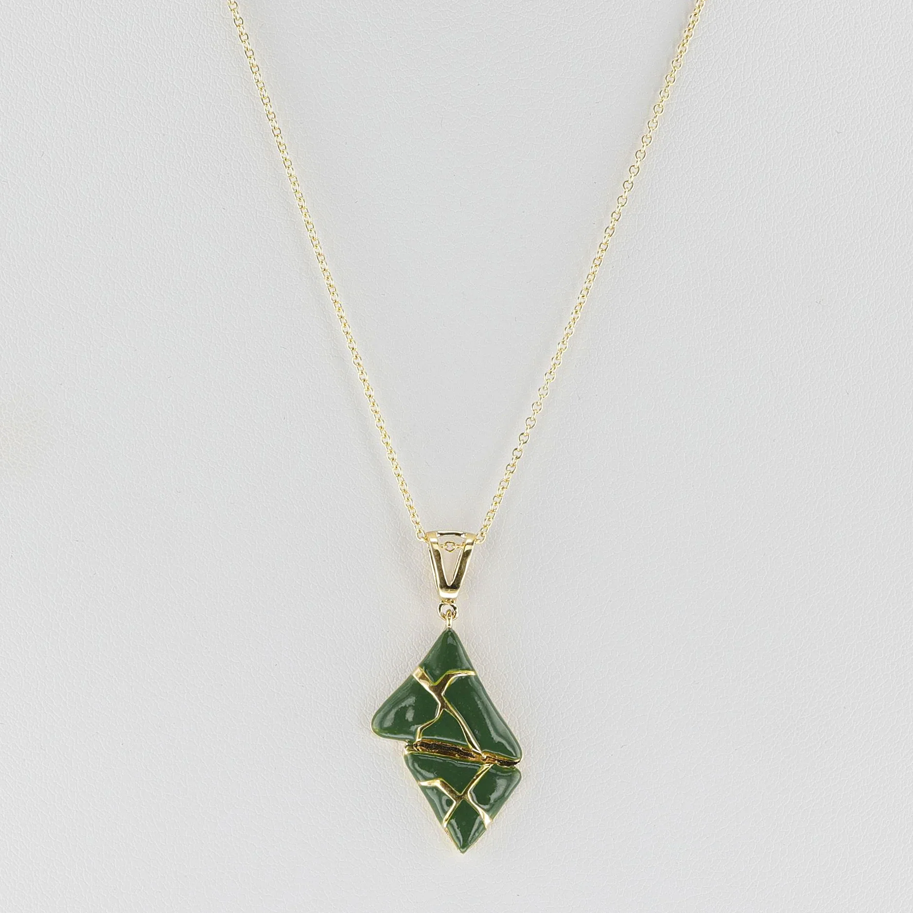 Two Triangle Green Enamel and Gold Lining Kintsugi Pendant Necklace, 14K