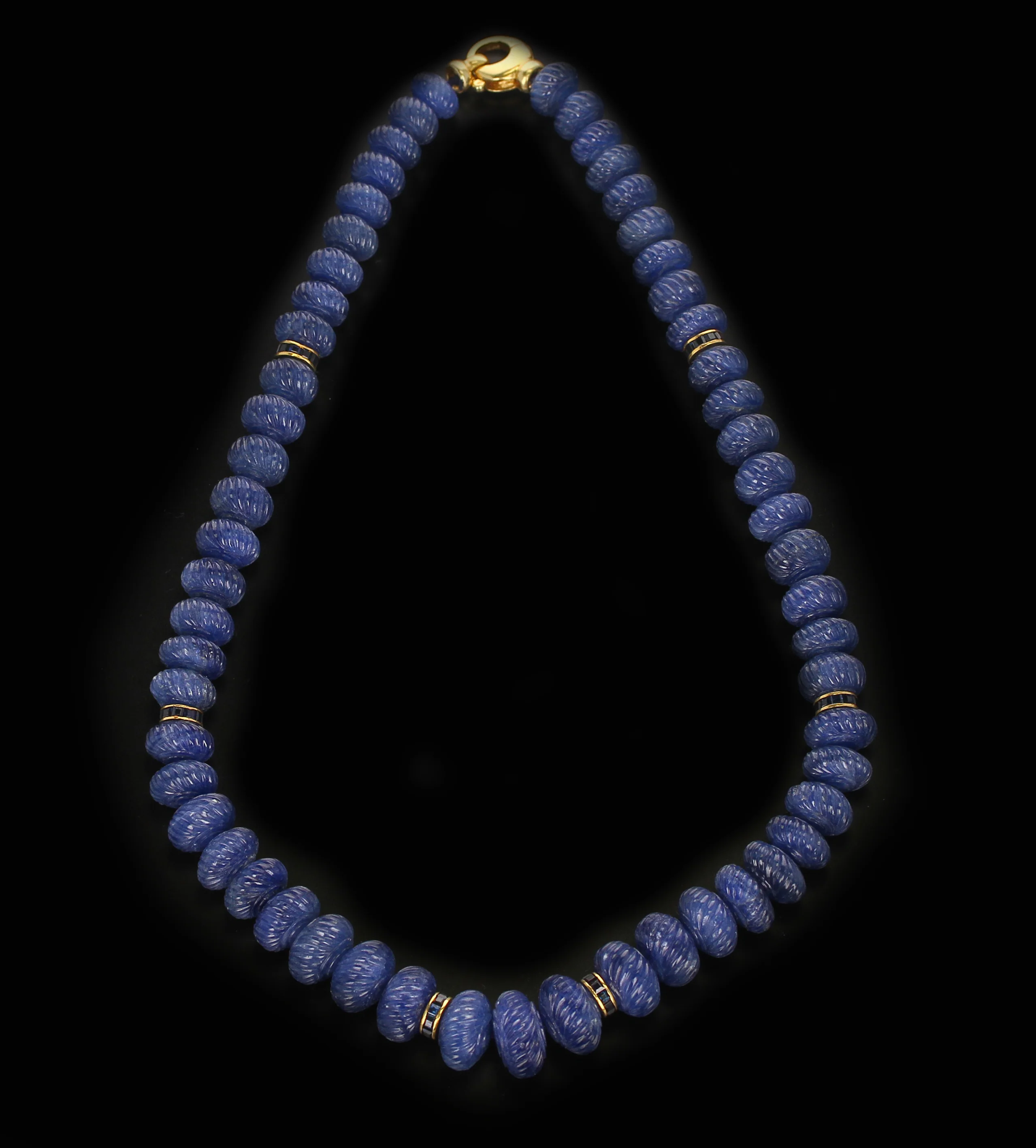 Genuine & Natural Carved Blue Sapphire Beads Necklace with Calibre Sapphire & Gold Spacers