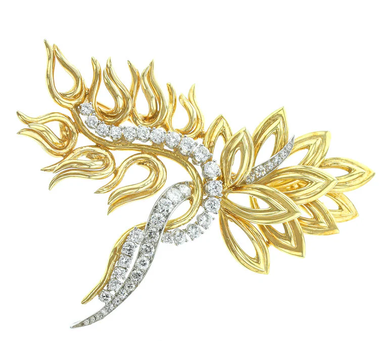 Abstract 18K Yellow Gold, Platinum, and Diamond Pin Circa 1960, Retailed by Harry Winston