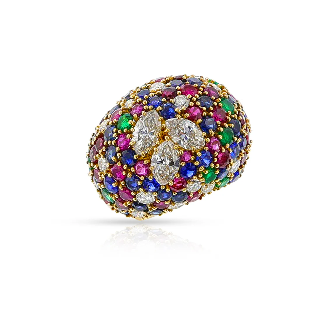 Round Ruby, Emerald, Sapphire and Marquise Diamond Bombe Ring, 18k Yellow