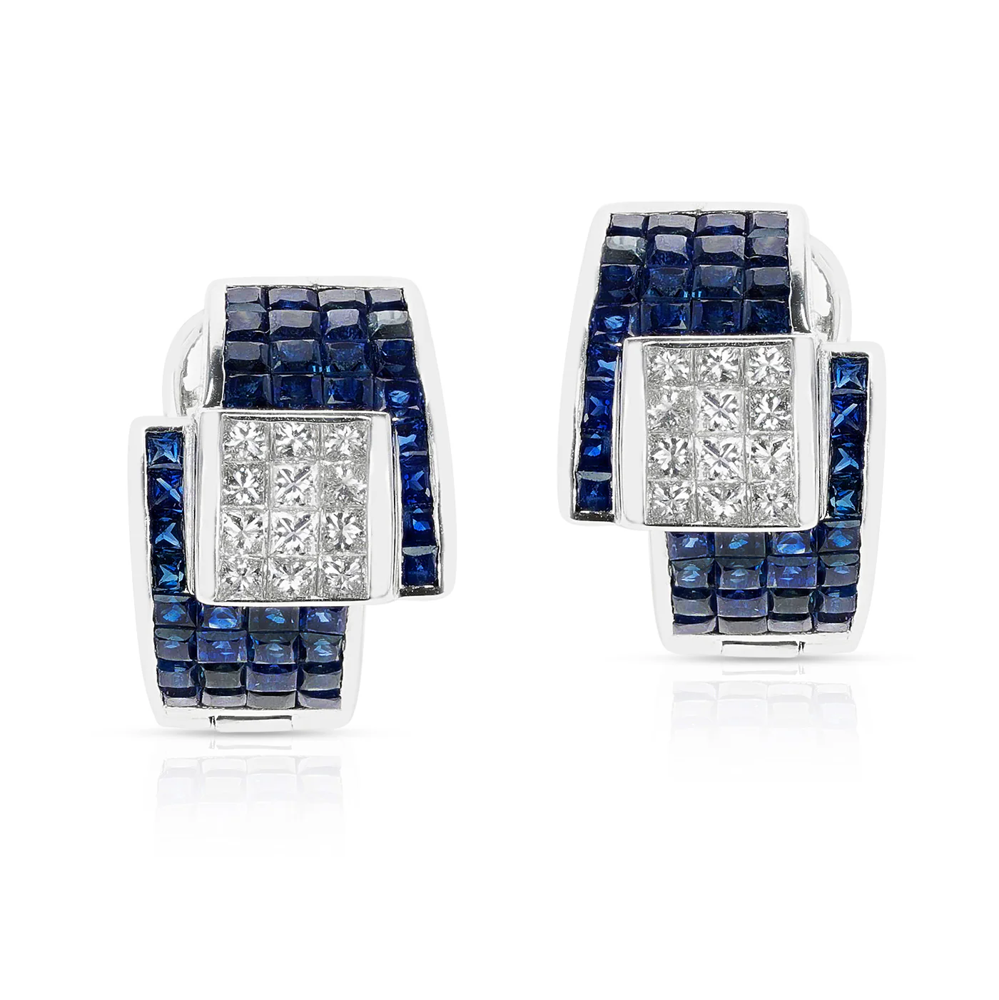 Invisibly Set Sapphire and Diamond Earrings, 18K White Gold