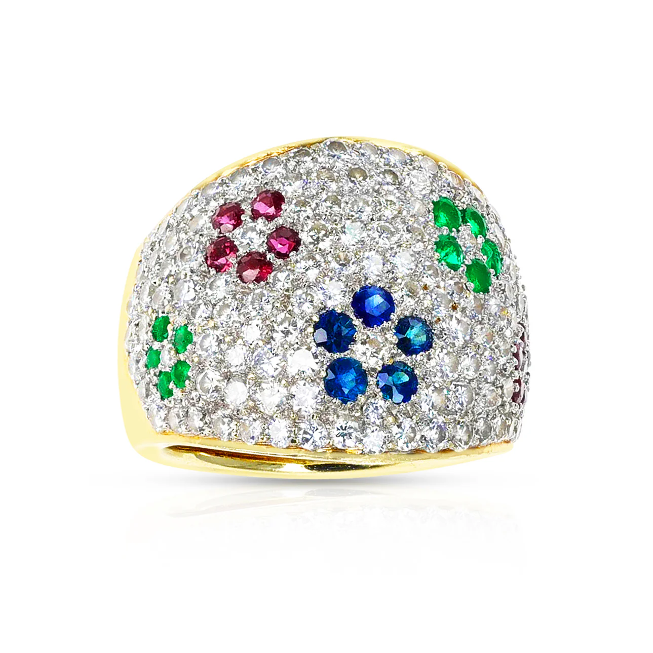 Diamond, Emerald, Ruby and Sapphire Floral Design Cocktail Ring, 18k