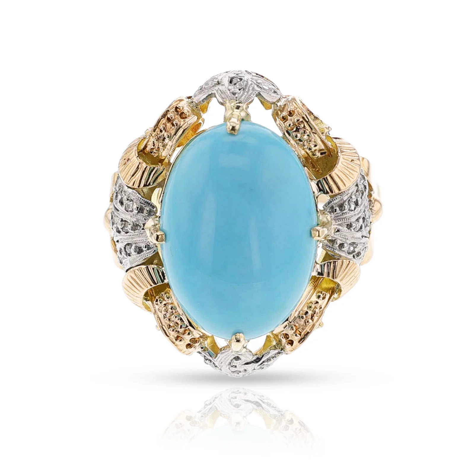 Antique Turquoise Cabochon and Diamond Ring, 18k