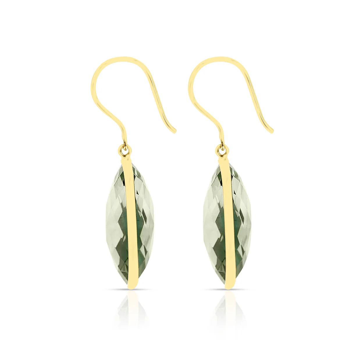 Green Amethyst Cushion Shape Dangling Earrings made in 18 Karat Yellow Gold.