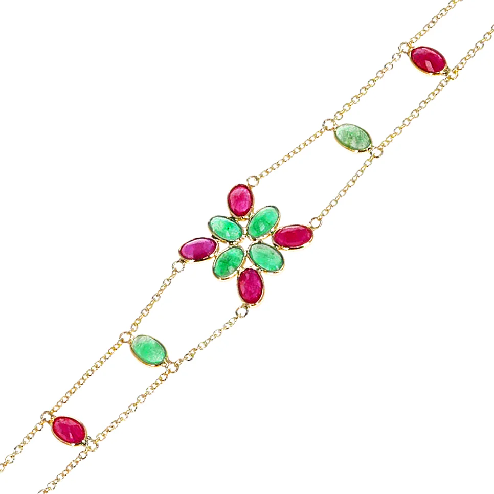 Emerald and Ruby Double Line Bracelet, 18k Yellow Gold